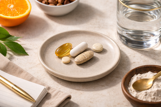 A balanced UK diet featuring fresh whole foods alongside daily multivitamin and Vitamin D supplements.